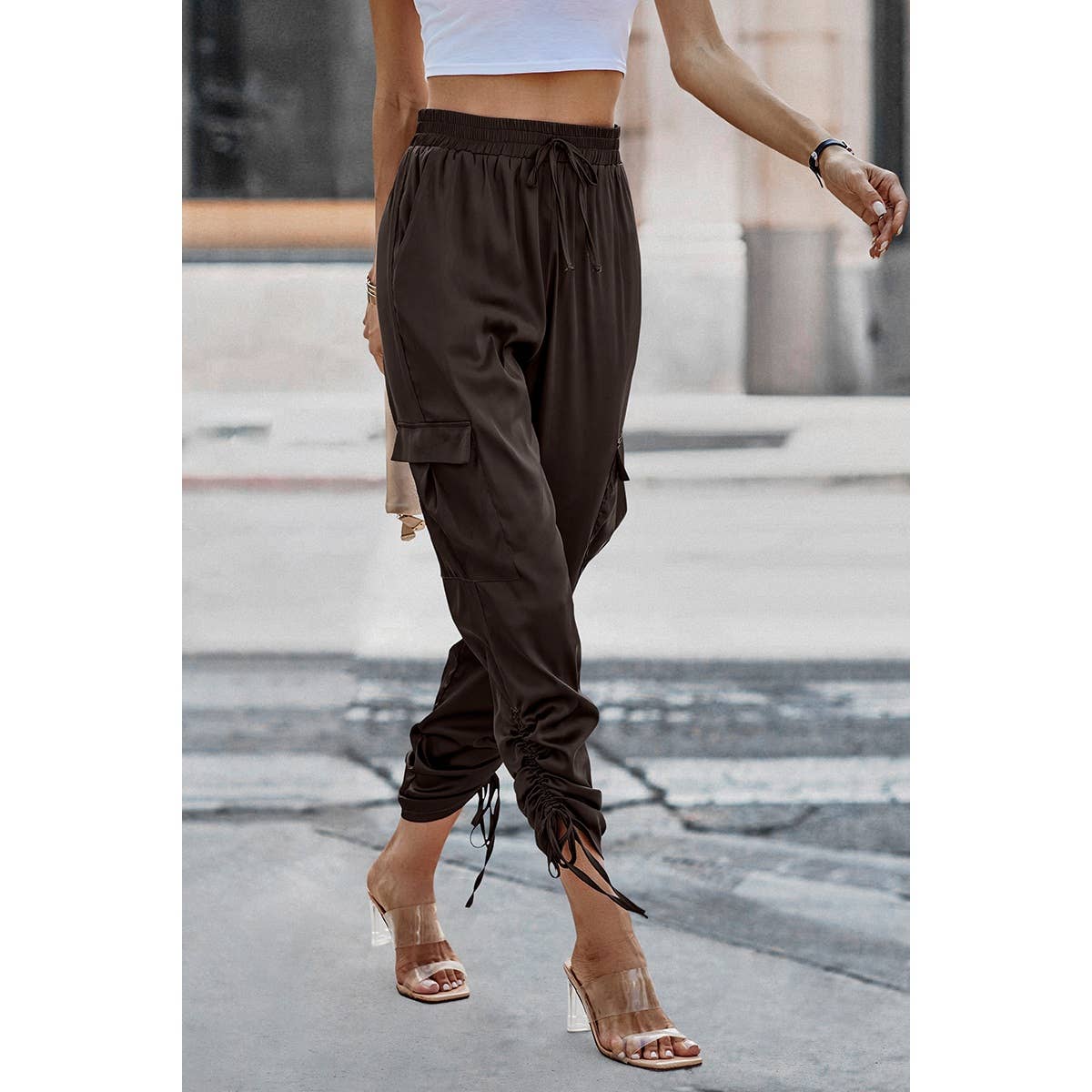 Soild Pockets Ruffle Slip Sport Pant - MVTFASHION.COM