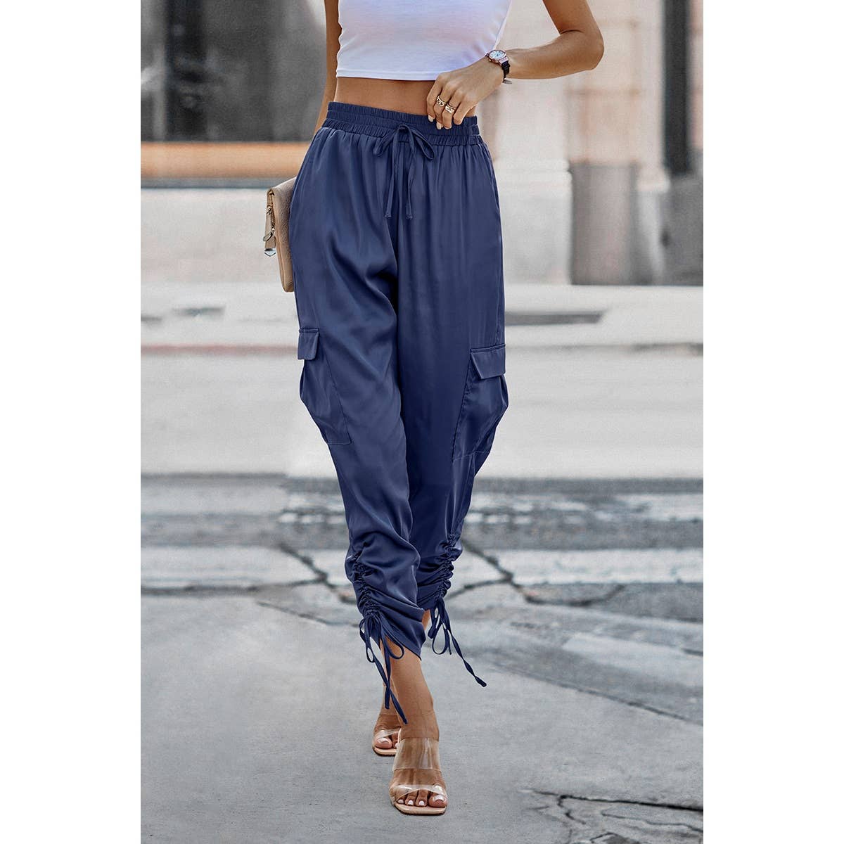 Soild Pockets Ruffle Slip Sport Pant - MVTFASHION.COM