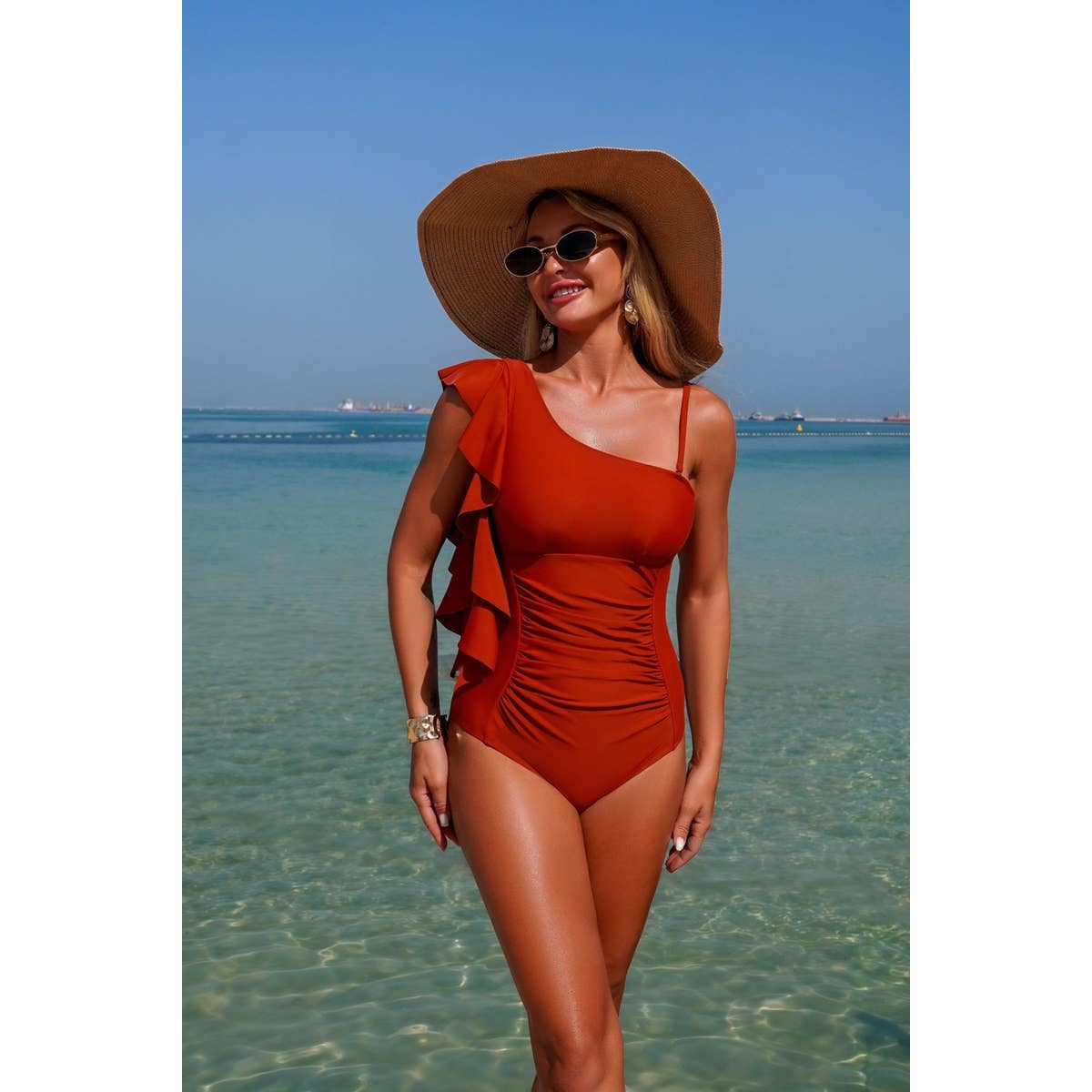 Solid Asymmetric Shoulder Ruffle Swimsuit - MVTFASHION.COM