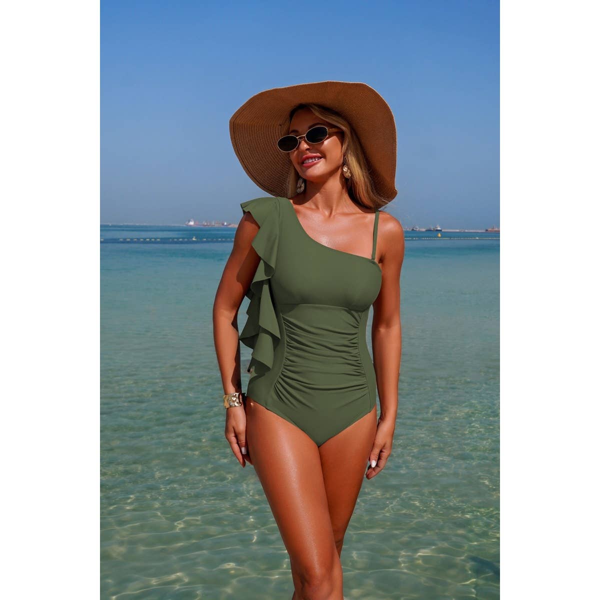 Solid Asymmetric Shoulder Ruffle Swimsuit - MVTFASHION.COM