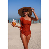 Solid Asymmetric Shoulder Ruffle Swimsuit - MVTFASHION.COM