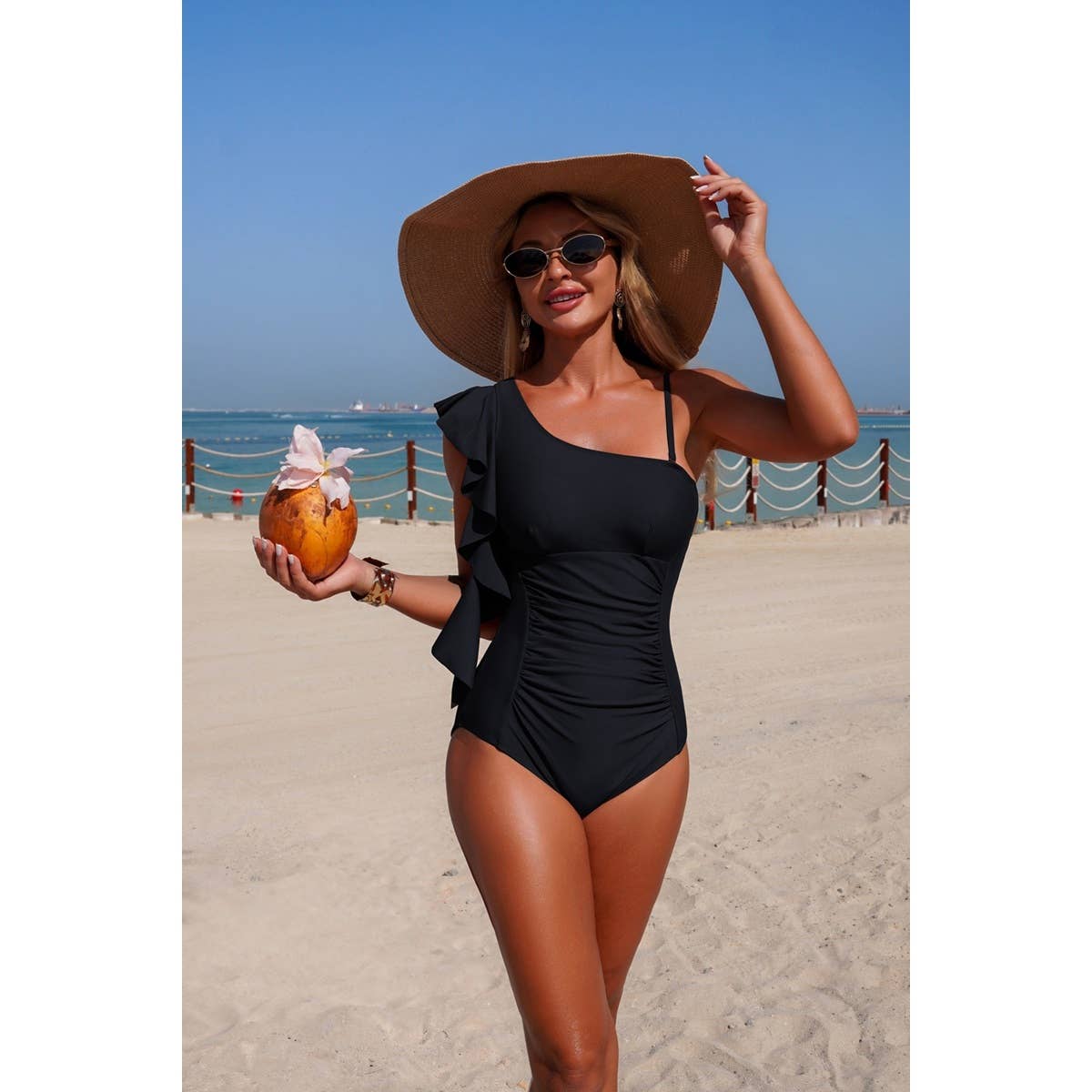 Solid Asymmetric Shoulder Ruffle Swimsuit - MVTFASHION.COM