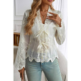 Solid Asymmetrical Hem Tied Frill V Neck Lace Top - MVTFASHION.COM