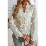 Solid Asymmetrical Hem Tied Frill V Neck Lace Top - MVTFASHION.COM