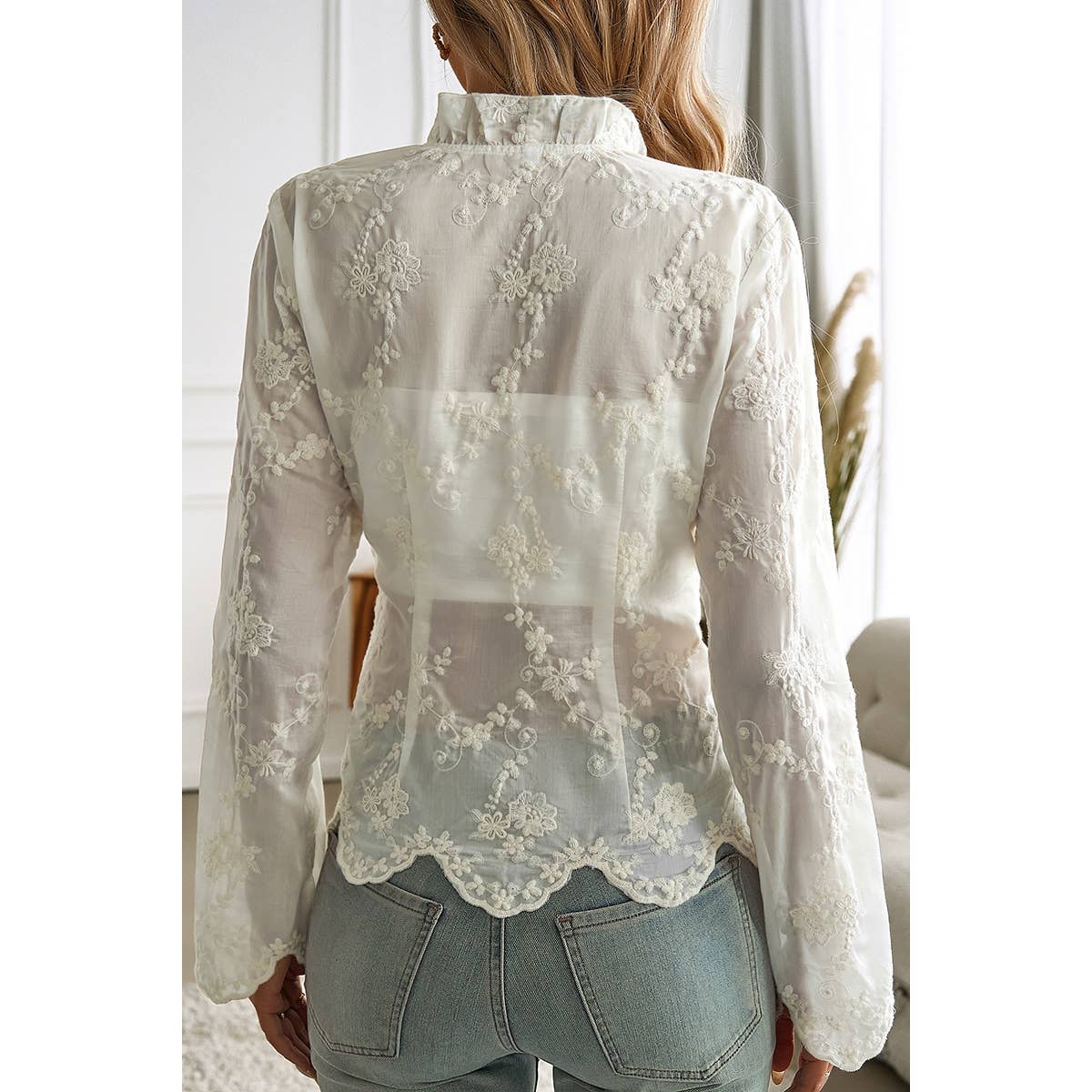 Solid Asymmetrical Hem Tied Frill V Neck Lace Top - MVTFASHION.COM