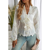 Solid Asymmetrical Hem Tied Frill V Neck Lace Top - MVTFASHION.COM