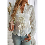 Solid Asymmetrical Hem Tied Frill V Neck Lace Top - MVTFASHION.COM