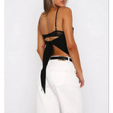 Solid Back Knot Lace Trim Sleeveless Shirt - MVTFASHION.COM