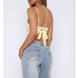 Solid Back Knot Lace Trim Sleeveless Shirt - MVTFASHION.COM