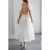 Solid Backless Tiered Puff Sleeve Fit Midi Dress - MVTFASHION.COM