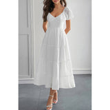 Solid Backless Tiered Puff Sleeve Fit Midi Dress - MVTFASHION.COM