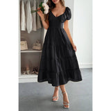 Solid Backless Tiered Puff Sleeve Fit Midi Dress - MVTFASHION.COM