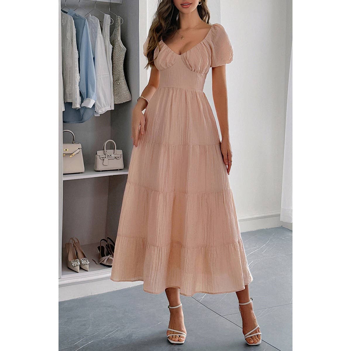 Solid Backless Tiered Puff Sleeve Fit Midi Dress - MVTFASHION.COM