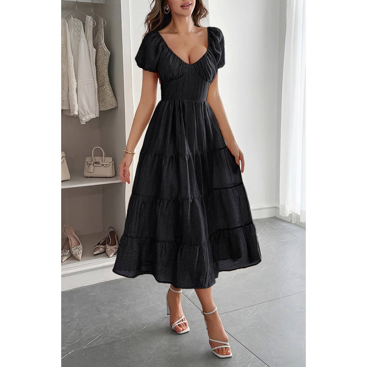 Solid Backless Tiered Puff Sleeve Fit Midi Dress - MVTFASHION.COM