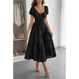 Solid Backless Tiered Puff Sleeve Fit Midi Dress - MVTFASHION.COM