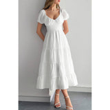 Solid Backless Tiered Puff Sleeve Fit Midi Dress - MVTFASHION.COM
