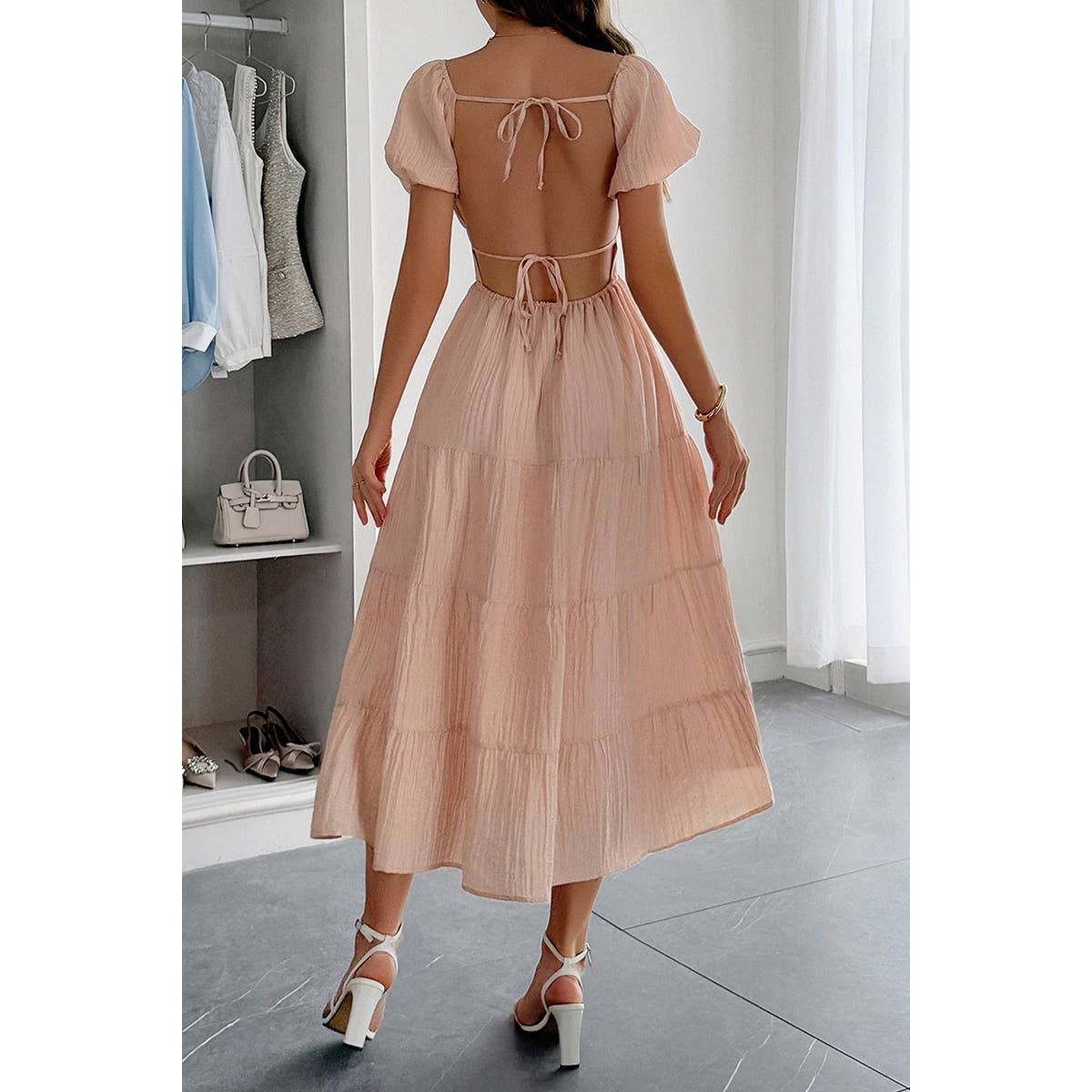 Solid Backless Tiered Puff Sleeve Fit Midi Dress - MVTFASHION.COM