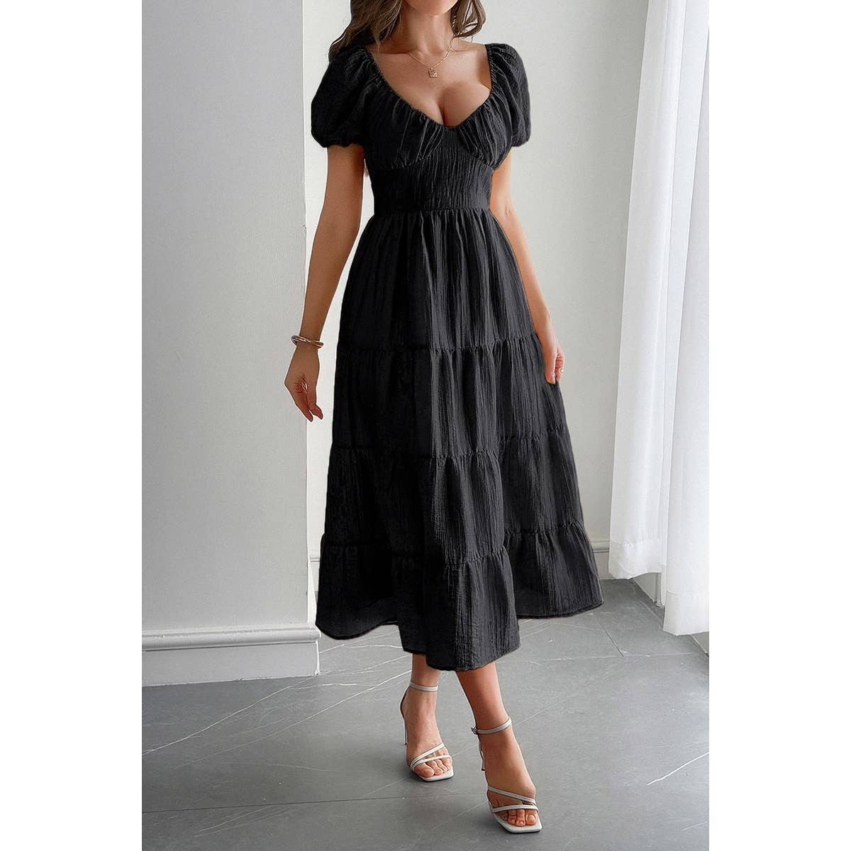 Solid Backless Tiered Puff Sleeve Fit Midi Dress - MVTFASHION.COM