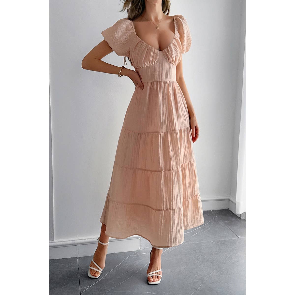 Solid Backless Tiered Puff Sleeve Fit Midi Dress - MVTFASHION.COM