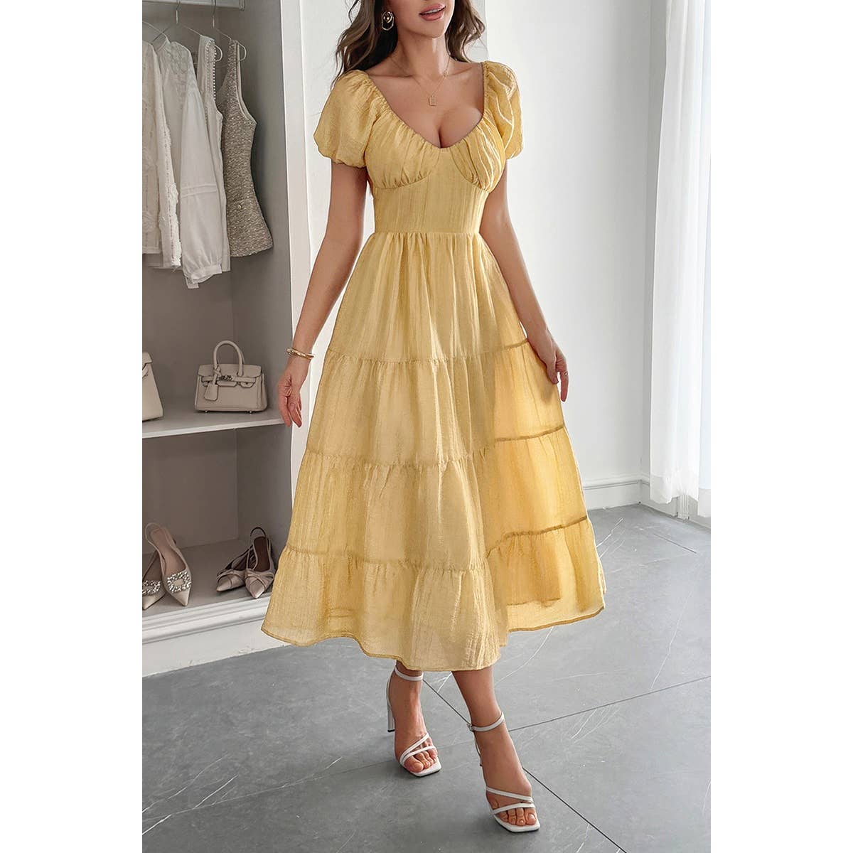 Solid Backless Tiered Puff Sleeve Fit Midi Dress - MVTFASHION.COM