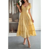 Solid Backless Tiered Puff Sleeve Fit Midi Dress - MVTFASHION.COM