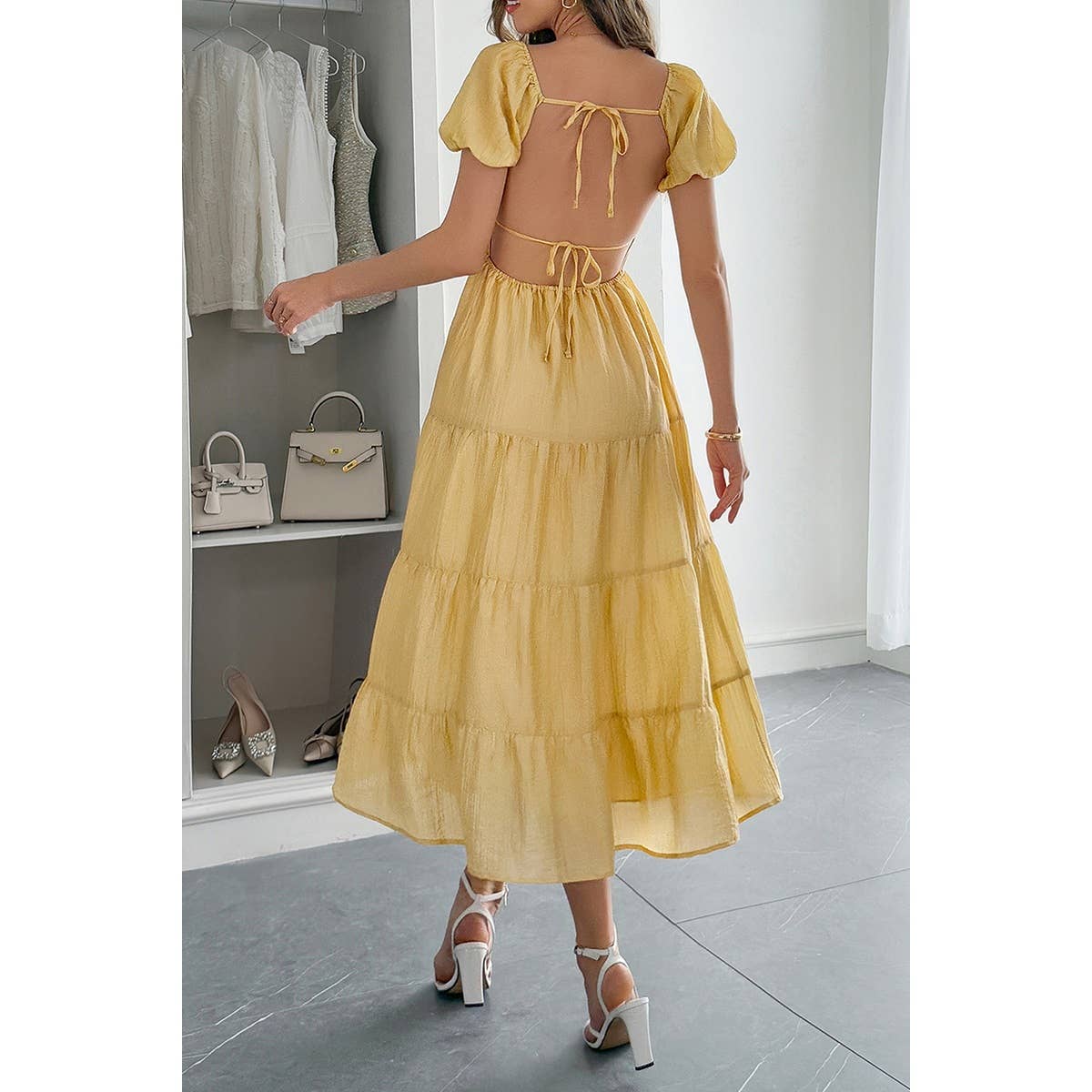 Solid Backless Tiered Puff Sleeve Fit Midi Dress - MVTFASHION.COM