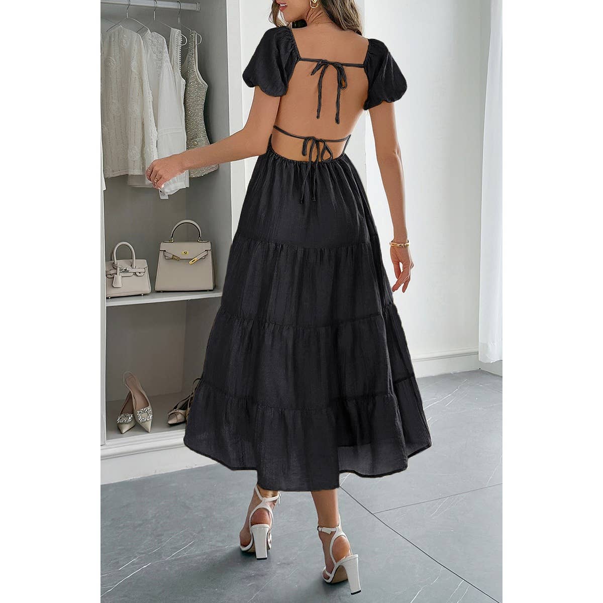 Solid Backless Tiered Puff Sleeve Fit Midi Dress - MVTFASHION.COM
