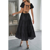 Solid Backless Tiered Puff Sleeve Fit Midi Dress - MVTFASHION.COM