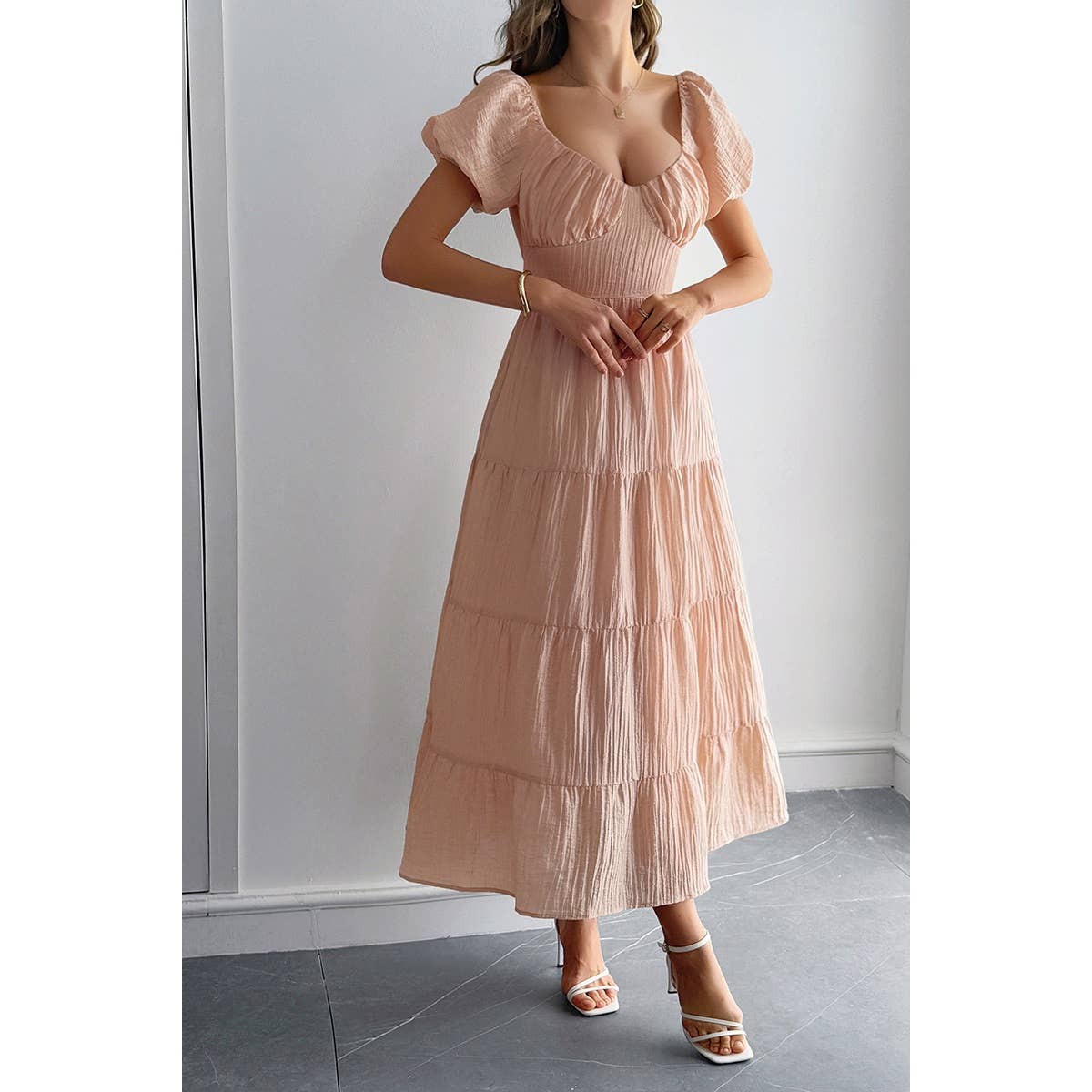 Solid Backless Tiered Puff Sleeve Fit Midi Dress - MVTFASHION.COM