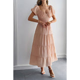 Solid Backless Tiered Puff Sleeve Fit Midi Dress - MVTFASHION.COM