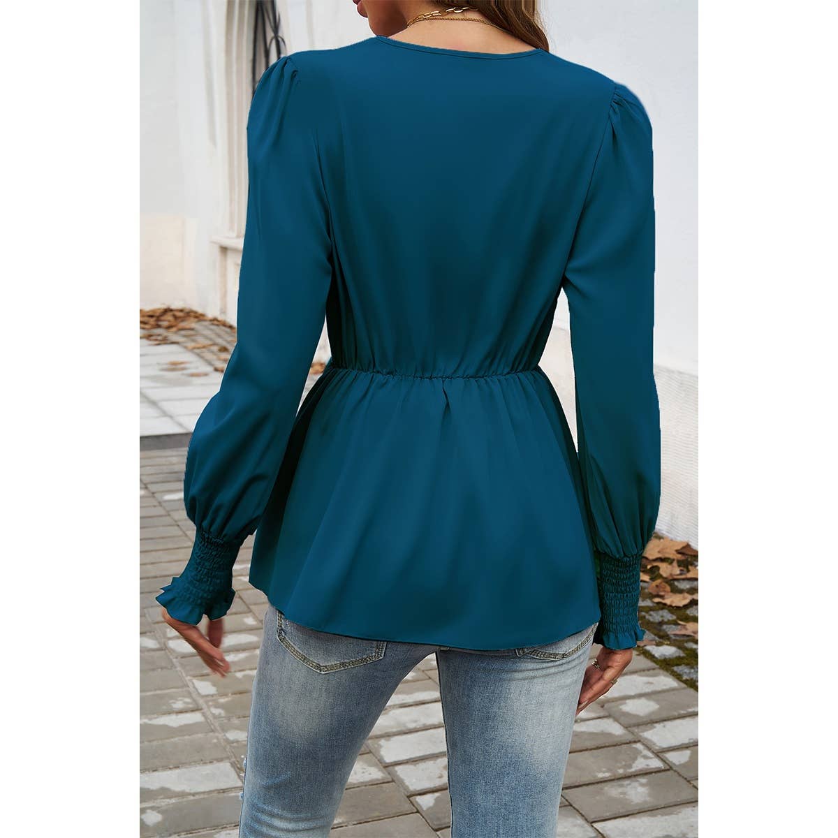 Solid Belt V Neck Bow Knot Lantern Sleeve Blouse - MVTFASHION.COM