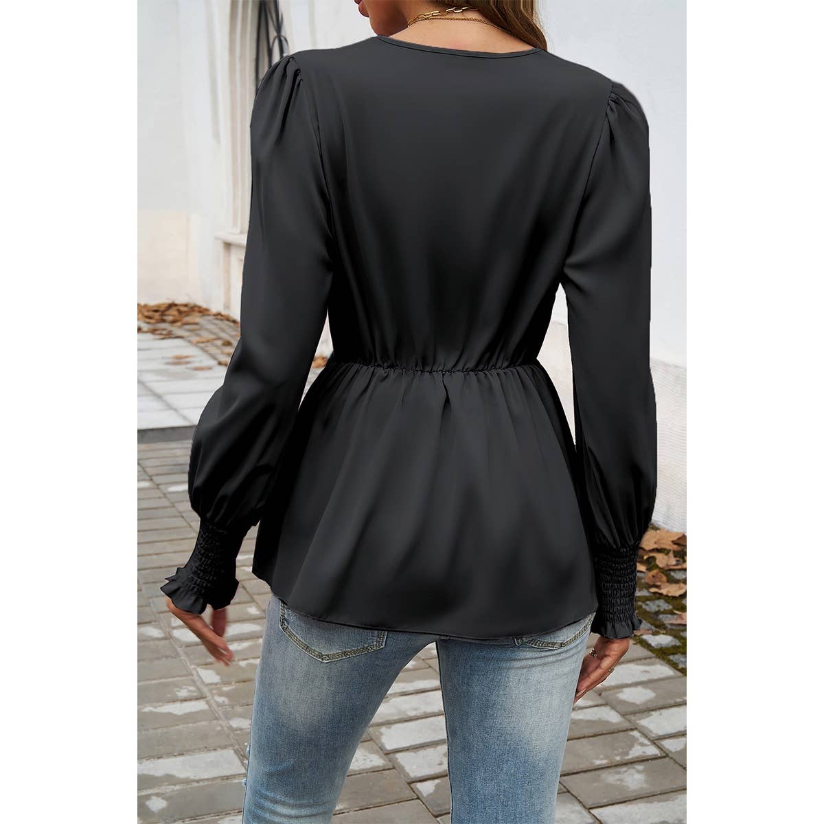 Solid Belt V Neck Bow Knot Lantern Sleeve Blouse - MVTFASHION.COM