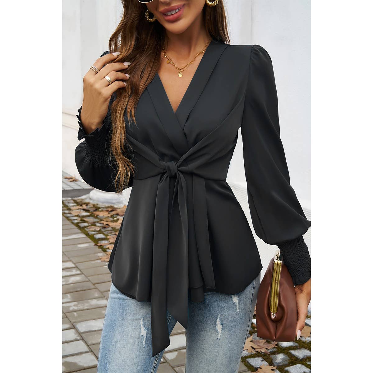 Solid Belt V Neck Bow Knot Lantern Sleeve Blouse - MVTFASHION.COM