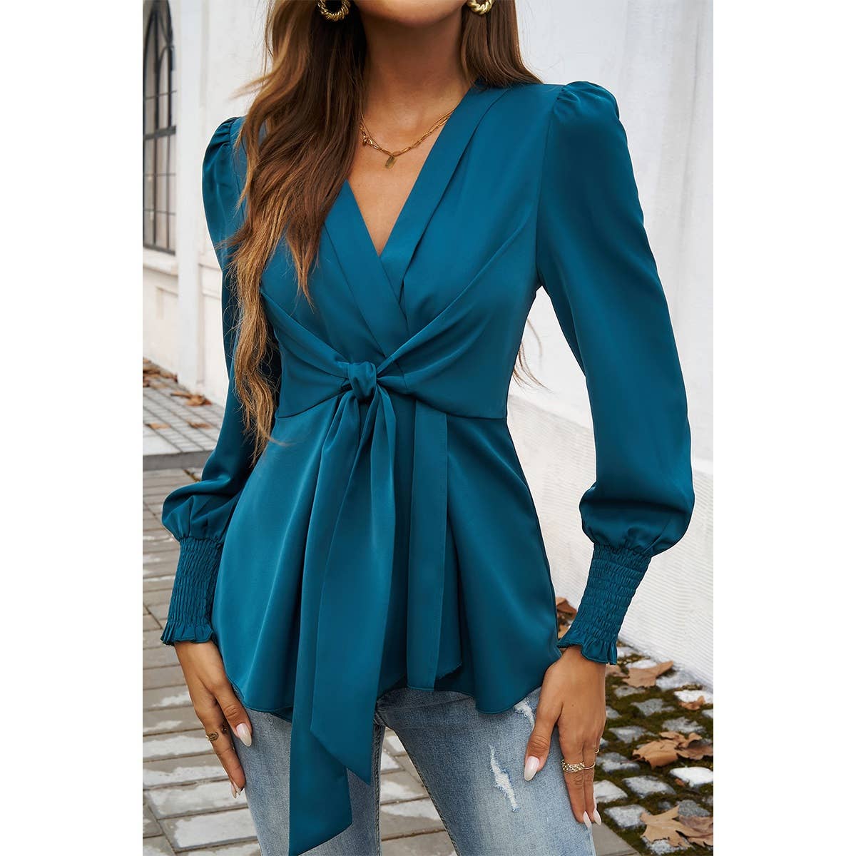 Solid Belt V Neck Bow Knot Lantern Sleeve Blouse - MVTFASHION.COM