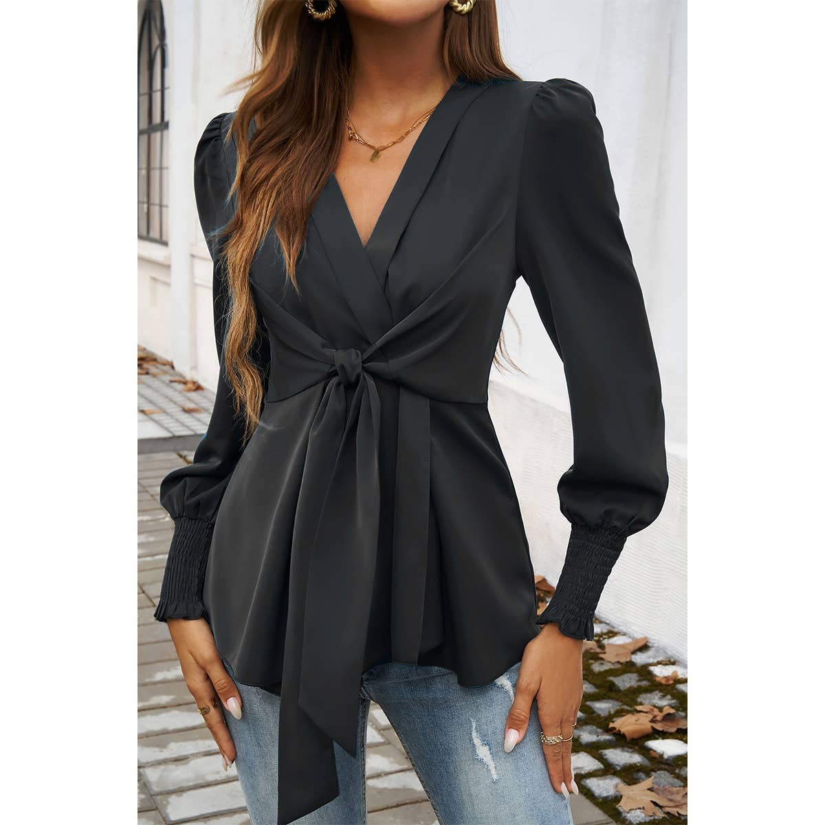 Solid Belt V Neck Bow Knot Lantern Sleeve Blouse - MVTFASHION.COM