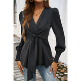 Solid Belt V Neck Bow Knot Lantern Sleeve Blouse - MVTFASHION.COM