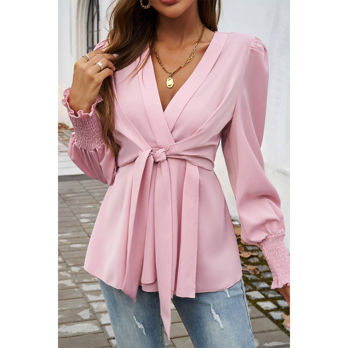 Solid Belt V Neck Bow Knot Lantern Sleeve Blouse - MVTFASHION.COM