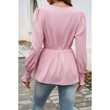 Solid Belt V Neck Bow Knot Lantern Sleeve Blouse - MVTFASHION.COM