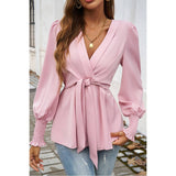 Solid Belt V Neck Bow Knot Lantern Sleeve Blouse - MVTFASHION.COM