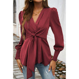 Solid Belt V Neck Bow Knot Lantern Sleeve Blouse - MVTFASHION.COM