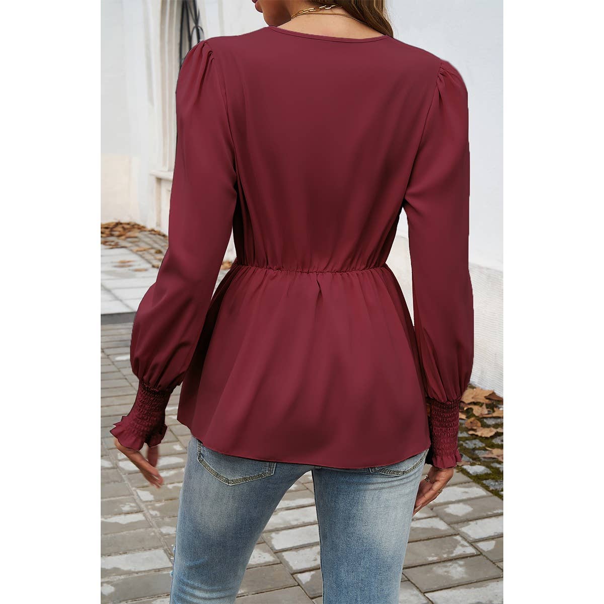 Solid Belt V Neck Bow Knot Lantern Sleeve Blouse - MVTFASHION.COM