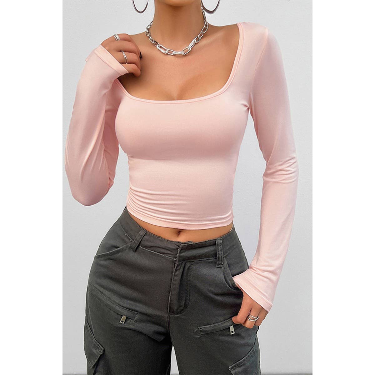 Solid Bodycon Square Neck Long Sleeves Top - MVTFASHION.COM