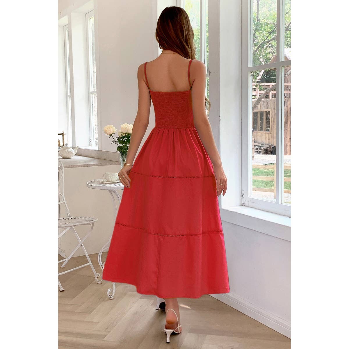 Solid Button Decor Pintuck Eyelet Shirred Dress - MVTFASHION.COM