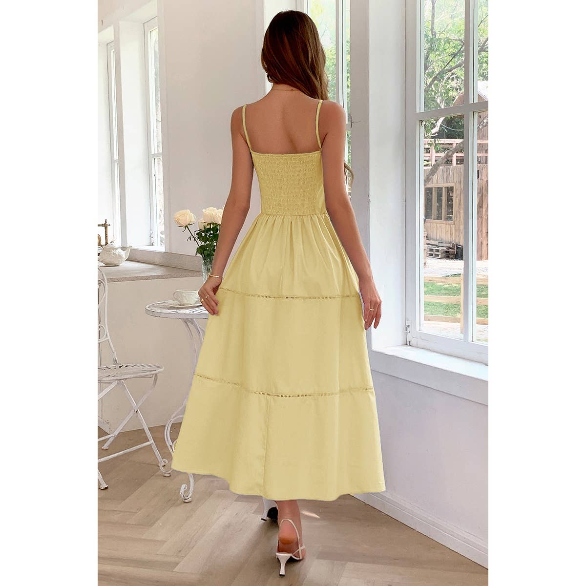 Solid Button Decor Pintuck Eyelet Shirred Dress - MVTFASHION.COM