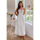 Solid Button Decor Pintuck Eyelet Shirred Dress - MVTFASHION.COM