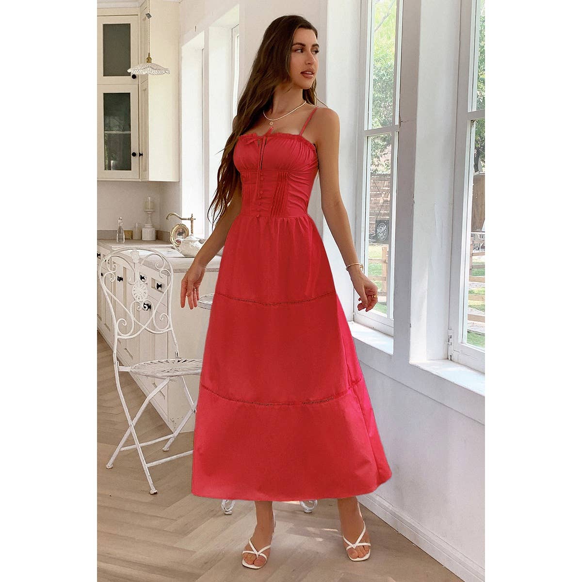 Solid Button Decor Pintuck Eyelet Shirred Dress - MVTFASHION.COM