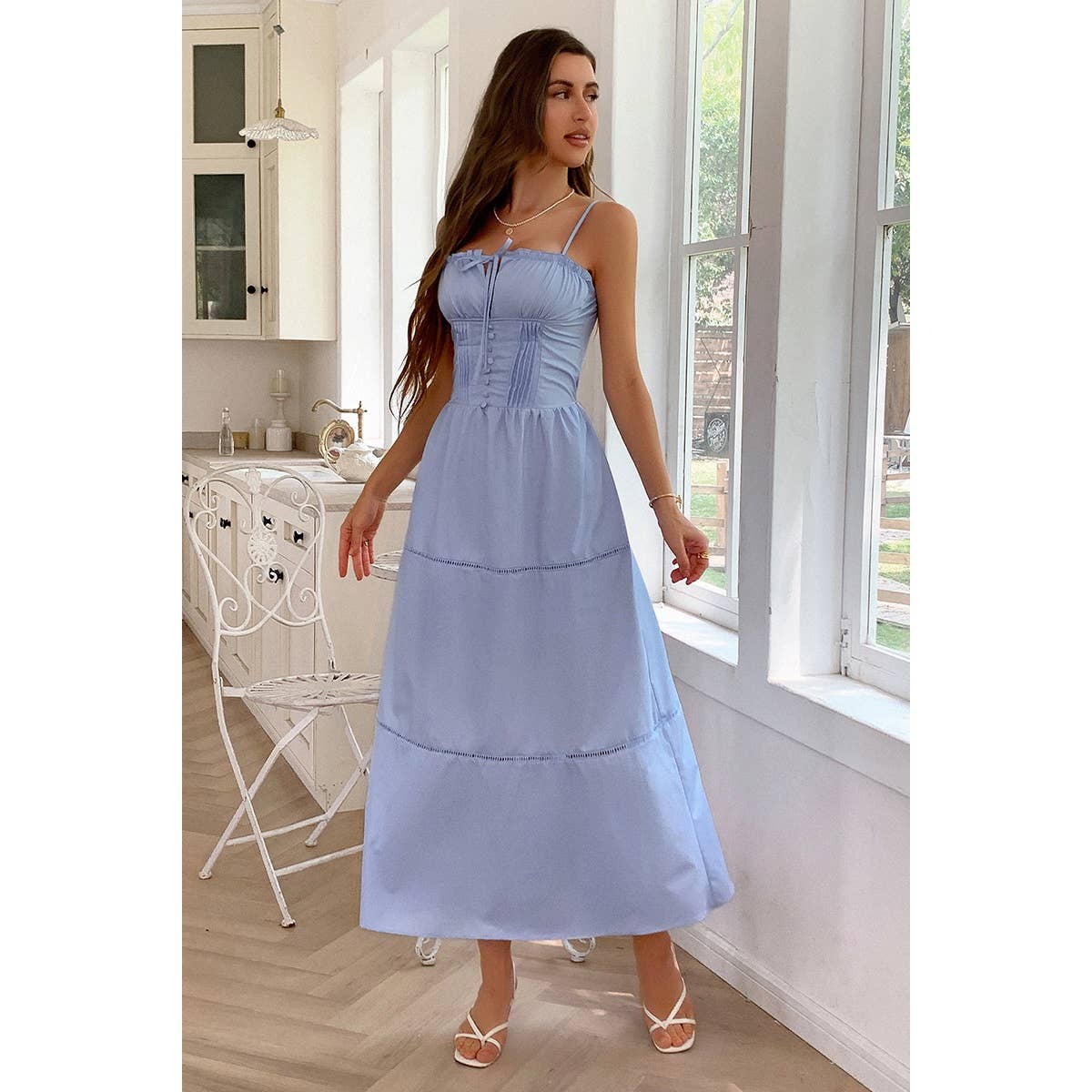 Solid Button Decor Pintuck Eyelet Shirred Dress - MVTFASHION.COM