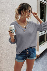 Solid Button Loose Puff Sleeve Top - MVTFASHION.COM