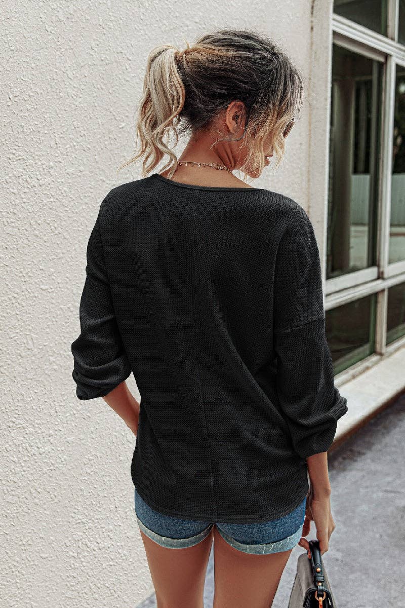 Solid Button Loose Puff Sleeve Top - MVTFASHION.COM