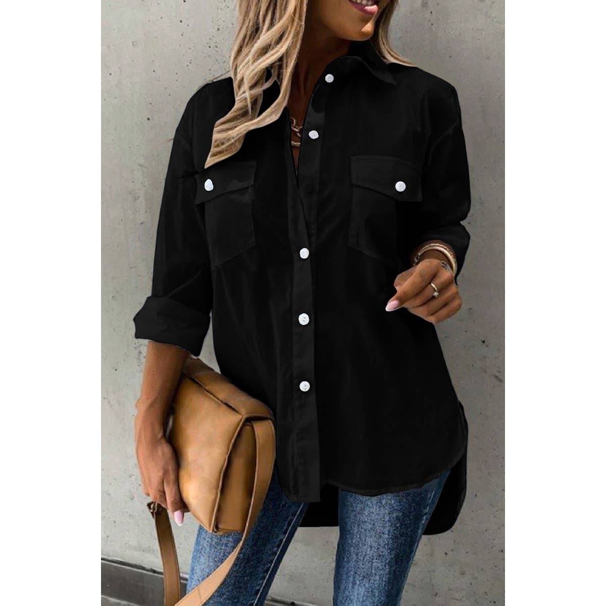 Solid Button Up Pockets Long Sleeves Blouse - MVTFASHION.COM